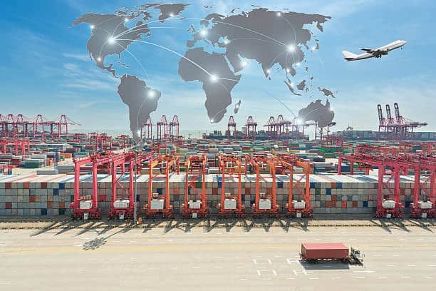 China air freight logistics hub with global trade network map and cargo containers at an international port