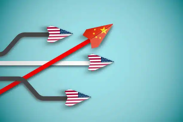 Illustration of China air freight logistics represented by a red arrow outpacing U.S. air cargo routes
