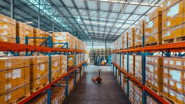 Wide view of a warehouse storing boxes for export from China