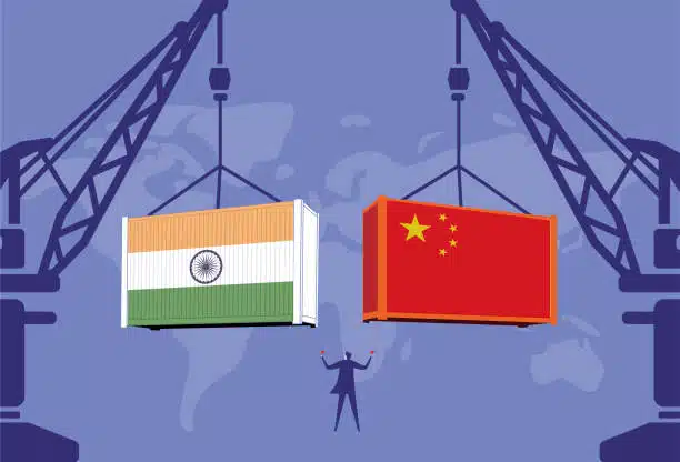 Illustration of shipping containers with India and China flags symbolizing trade relations