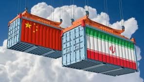 Hanging shipping containers with China and Iran flags symbolizing bilateral freight trade.