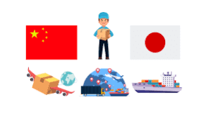 Illustrated logistics icons showing air, sea, and courier shipping from China to Japan.