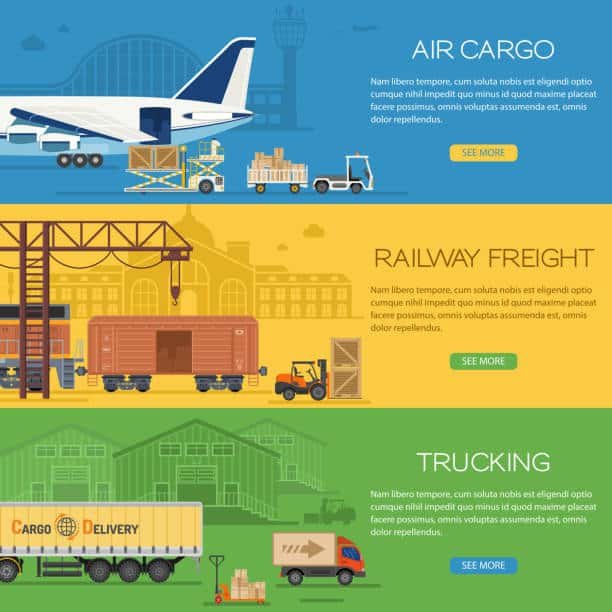 Illustrated comparison of air cargo, railway freight, and trucking options from China to Kenya