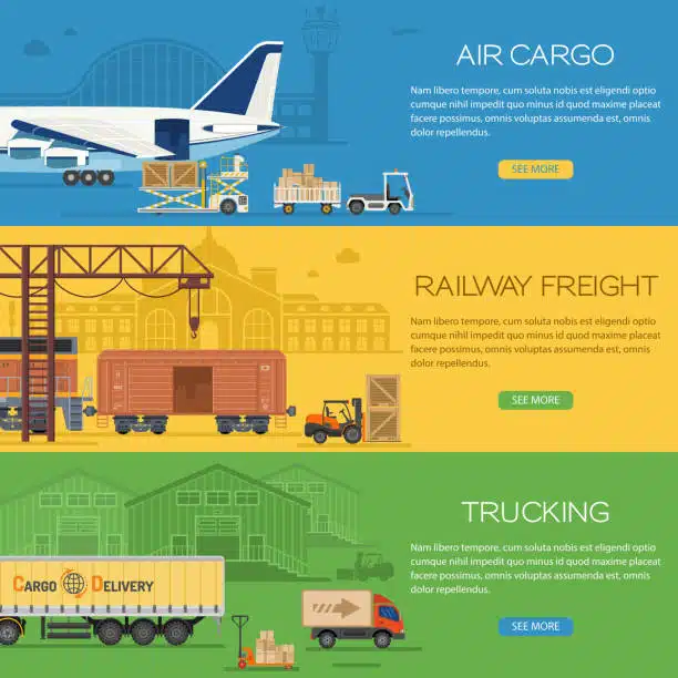 Illustrated comparison of air cargo, railway freight, and trucking options from China to Kenya