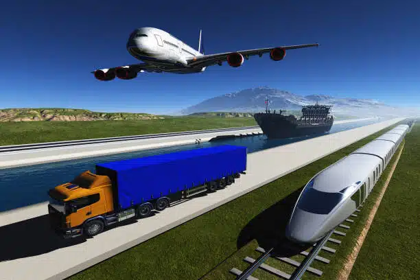 Illustration of plane, truck, ship, and train representing shipping options from China to Kenya