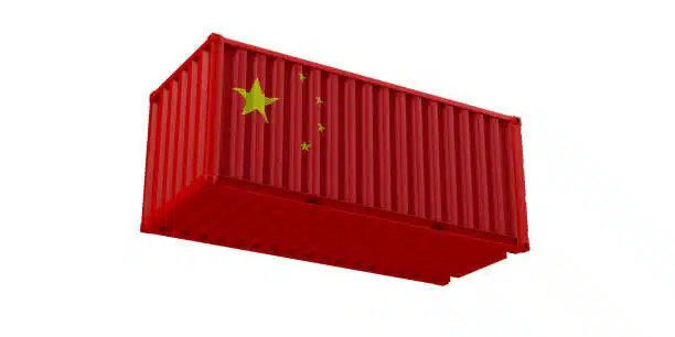 A red shipping container featuring the Chinese flag with a large yellow star and smaller stars, isolated on a white background.