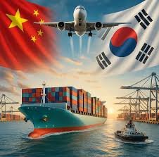 Cargo ship and airplane with Chinese and South Korean flags showing freight logistics.