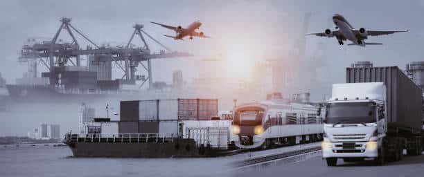 Full logistics chain with ship, train, truck, and airplane for China to Spain shipping services.