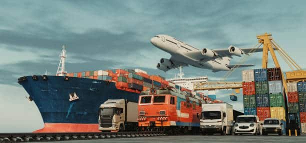 Cargo ship, airplane, freight train, and delivery trucks showing multimodal transport from China to Chile.