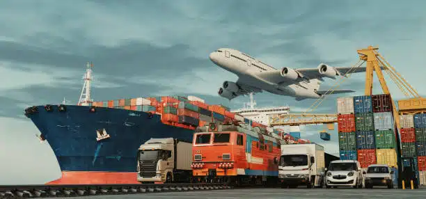 Cargo ship, airplane, freight train, and delivery trucks showing multimodal transport from China to Chile.