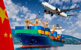 China flag with cargo ship and airplane representing international shipping to Iraq