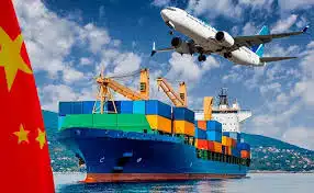 China flag with cargo ship and airplane representing international shipping to Iraq