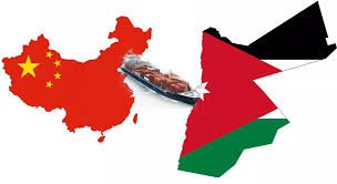 Shipping container vessel between China and Jordan maps with national flags.