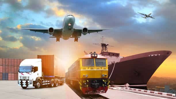 Plane, truck, train, and cargo ship representing logistics from China to Poland