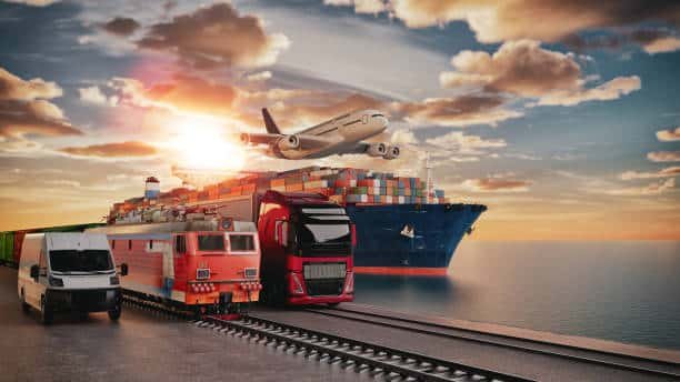 Container ship, train, and trucks used in multimodal shipping from China to Poland