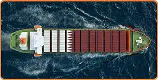 Top-down view of a container ship with Qatar flag design, symbolizing shipping from China to Qatar.