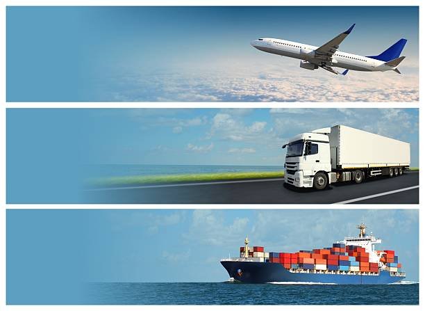 Three transport modes – airplane, truck, and cargo ship – showcasing full logistics chain
