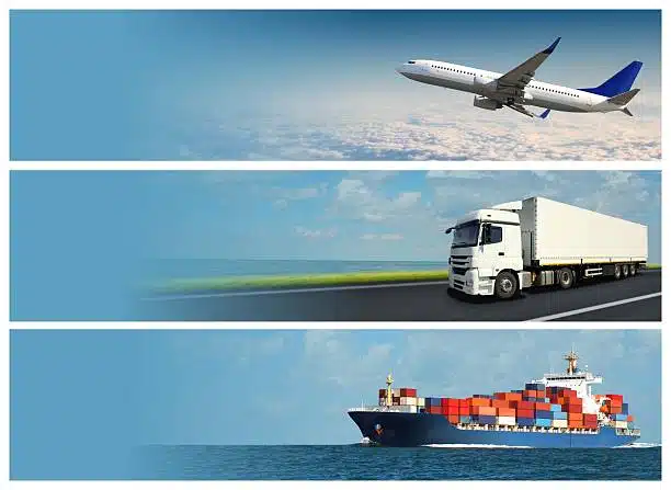 Three transport modes – airplane, truck, and cargo ship – showcasing full logistics chain