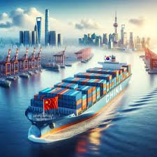 Artistic depiction of shipping container vessel traveling from China to South Korea.