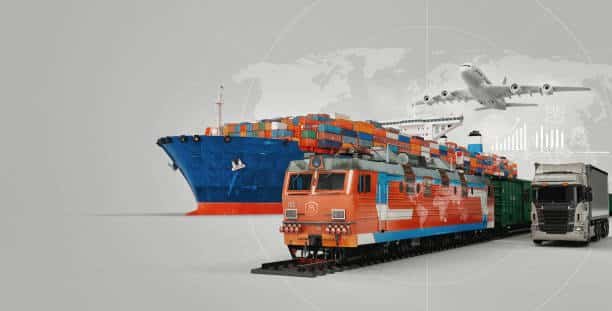 Freight train, container ship, airplane, and truck visualizing multimodal logistics from China to Spain.
