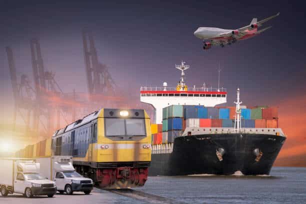 Freight train, cargo ship, airplane, and delivery vans showing full shipping service from China to Spain.