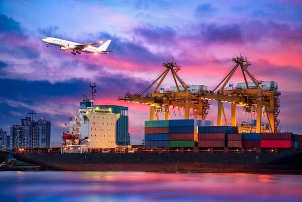 Container ship and aircraft symbolizing international freight forwarding from China to Turkey