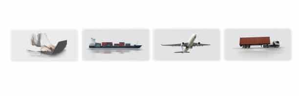 Icons of laptop, cargo ship, airplane, and truck – depicting e-commerce and shipping modes from China to Turkey.