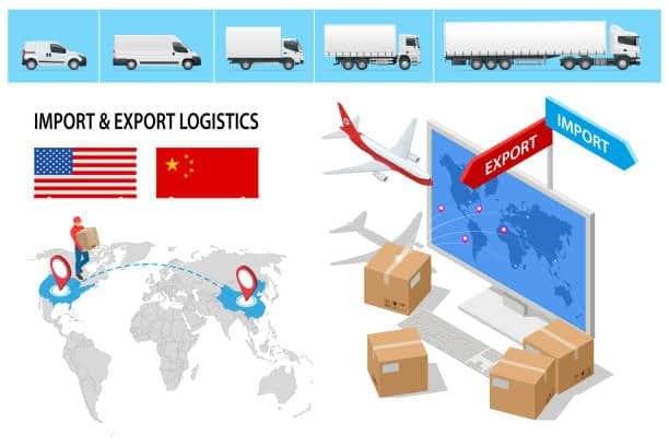 Illustration of China–USA air freight and import export logistics flow with global tracking and cargo transport icons