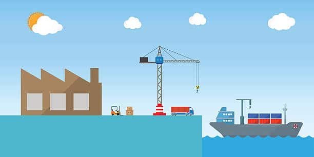 Cartoon-style illustration showing a port with loading operations and cargo ship