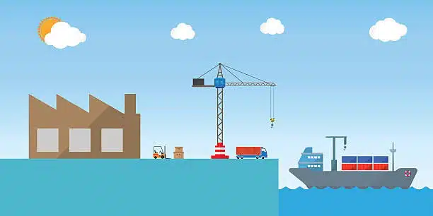 Ilustrasi gaya kartun menunjukkan pelabuhan dengan operasi pemuatan dan kapal kargo