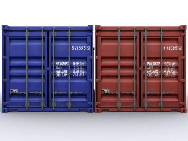 Detailed front view of red and blue container doors with weight specifications