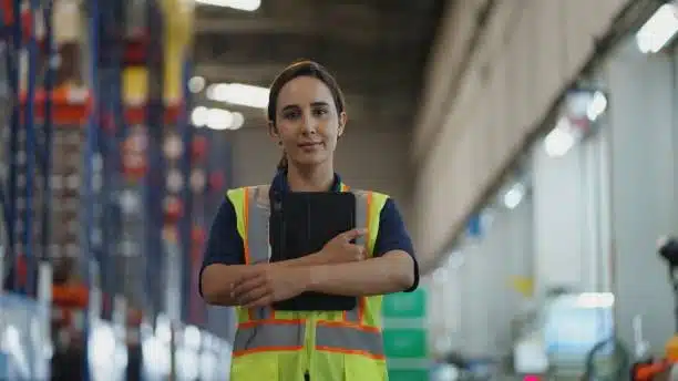 Woman in safety vest managing warehouse with digital inventory control