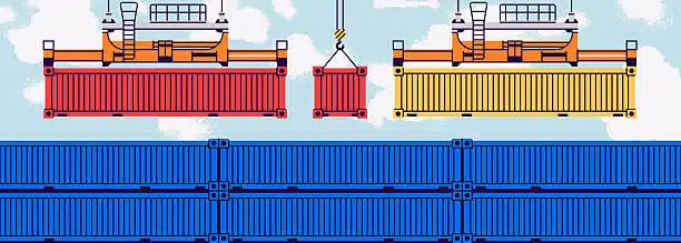 Illustrated shipping containers being lifted by cranes showing logistics operations