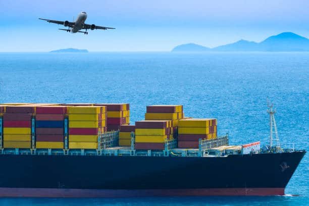 Cargo ship and airplane in transit, illustrating the shipping route from China to Belgium.