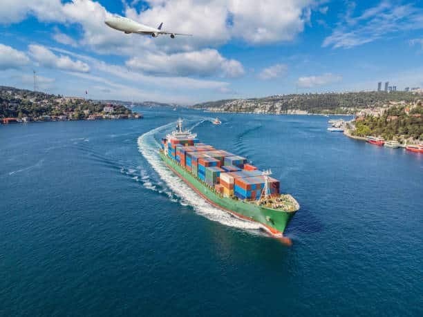 Container ship and airplane transporting cargo from China to Sudan