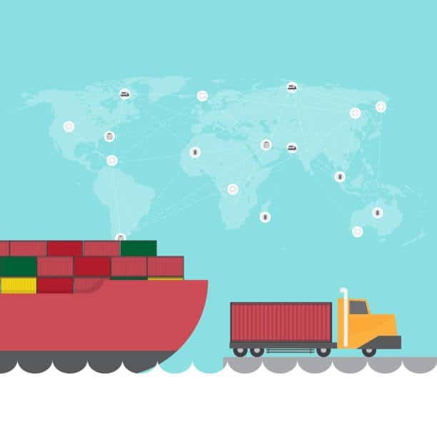 Illustration showing global freight network with a container ship and drayage truck representing international and inland transport.