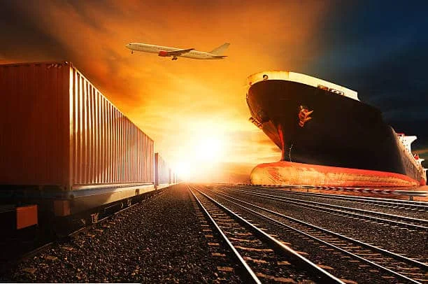 Shipping containers, cargo ship, and rail freight depicting logistics from China to Spain.