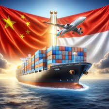 Container ship and airplane between Chinese and Indonesian flags symbolizing freight trade.