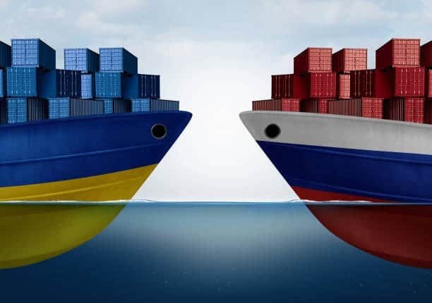 Cargo vessels with different container colors symbolizing trade partners