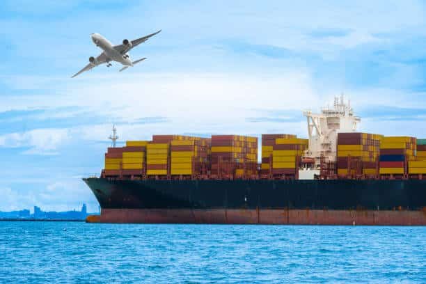 Cargo vessel at sea with airplane above, highlighting ocean and air freight from China to Sweden.