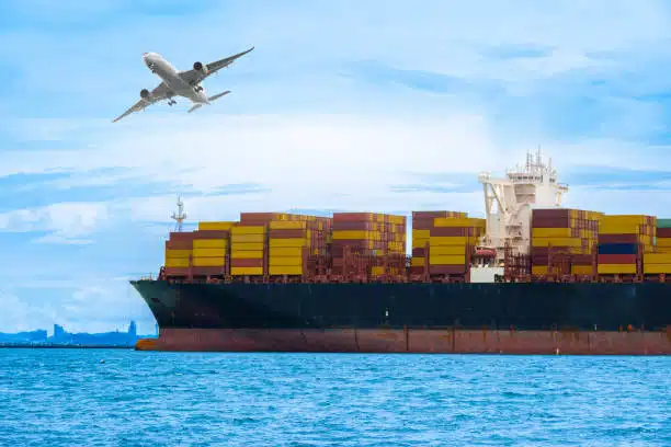Cargo vessel at sea with airplane above, highlighting ocean and air freight from China to Sweden.