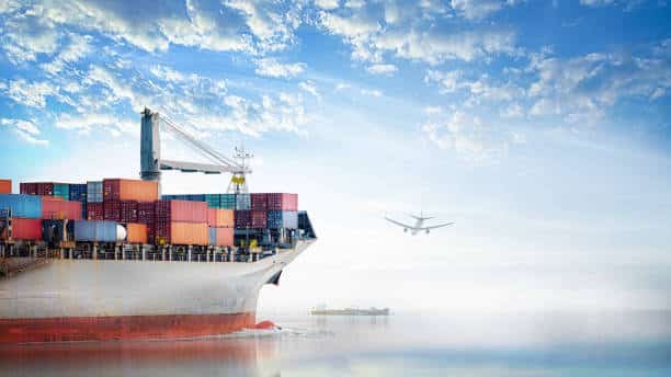 Container vessel at port ready for international shipping from China to Mexico.