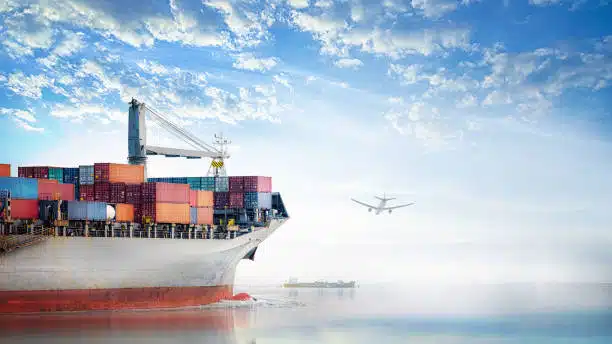 Container vessel at port ready for international shipping from China to Mexico.