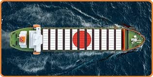Aerial view of a cargo vessel sailing from China to Japan with national symbols.