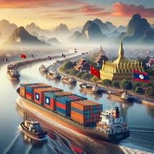 Cargo ships with containers sailing the Mekong River en route from China to Laos.