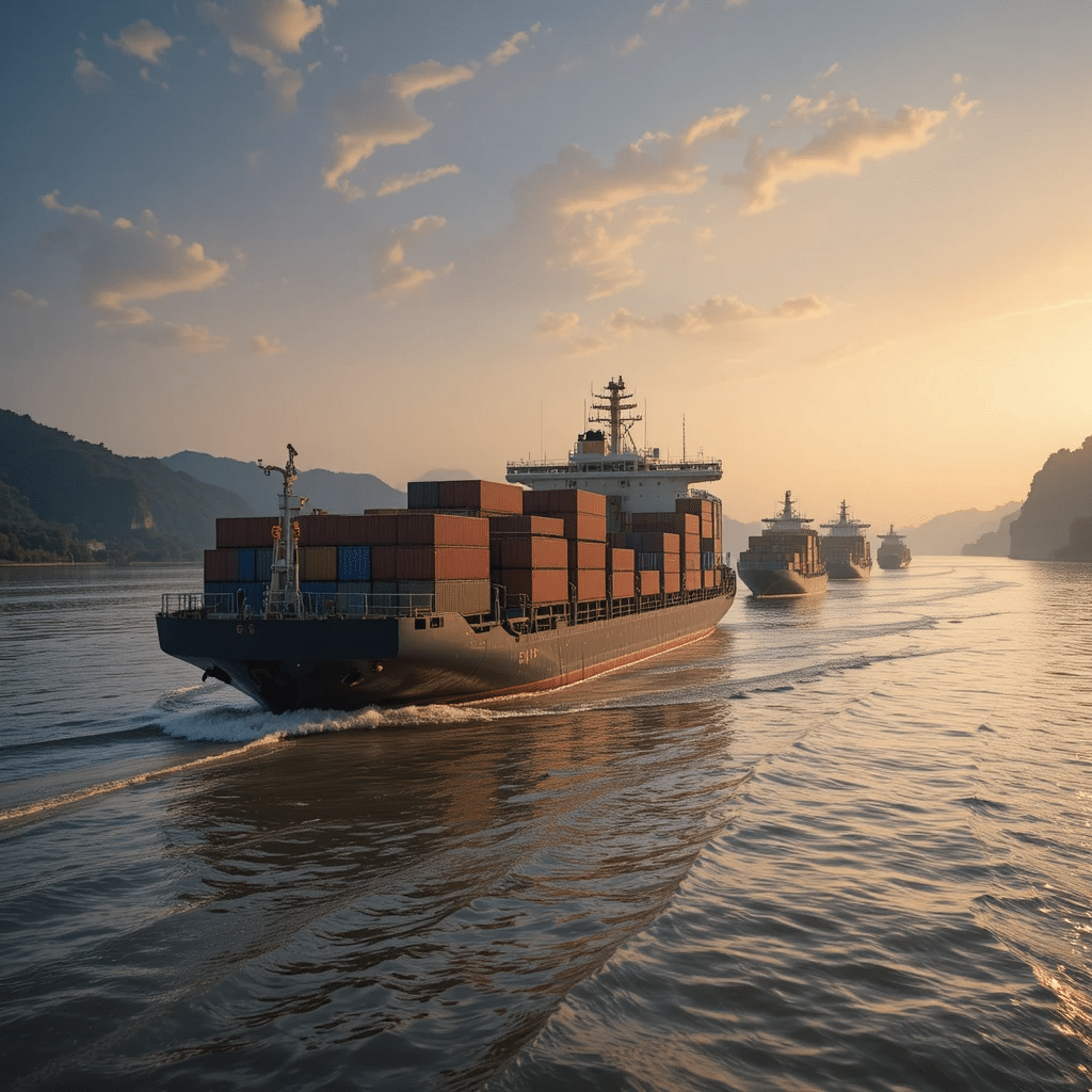 Cargo ships with containers sailing the Mekong River en route from China to Laos.