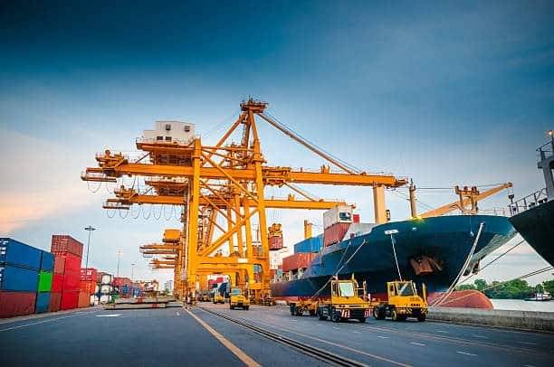 Large container terminal with cranes and shipping containers