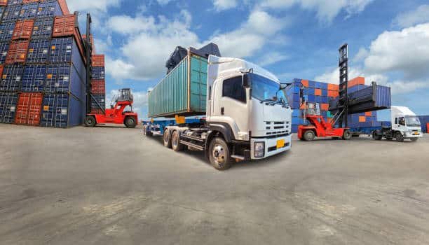 Trucks and forklifts handling containers for international export