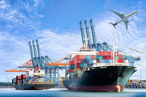 Container ships and aircraft at port, symbolizing trade between China and Senegal