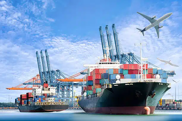 Container ships and aircraft at port, symbolizing trade between China and Senegal